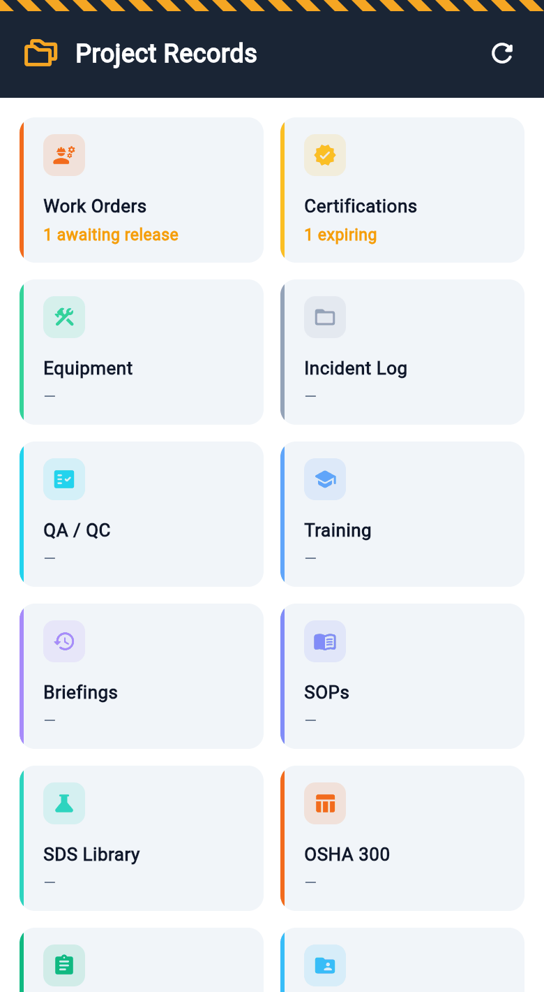 The project records hub: work orders, certifications, equipment, incident log, QA/QC, training, briefings, SOPs, SDS library and OSHA 300